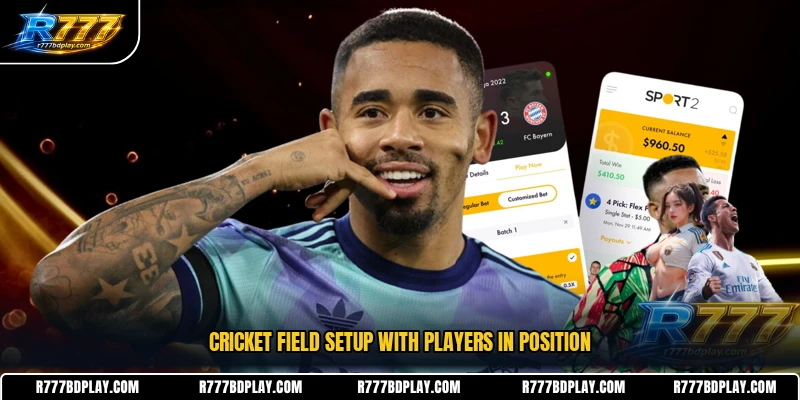 Cricket field setup with players in position