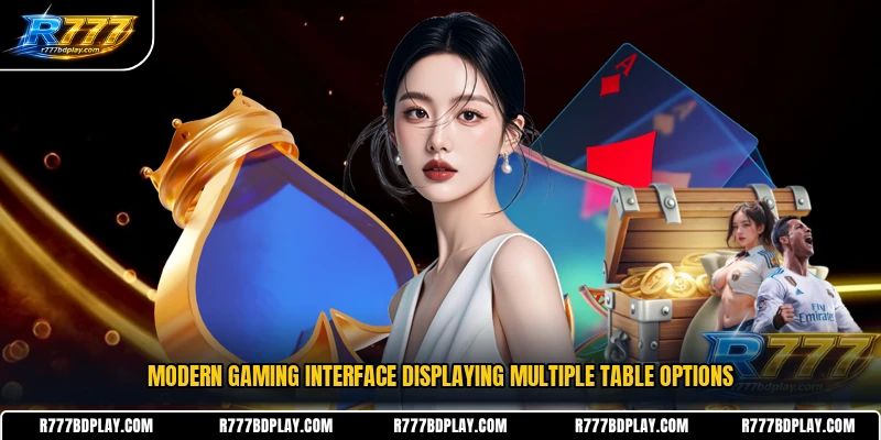 Modern gaming interface displaying multiple table options